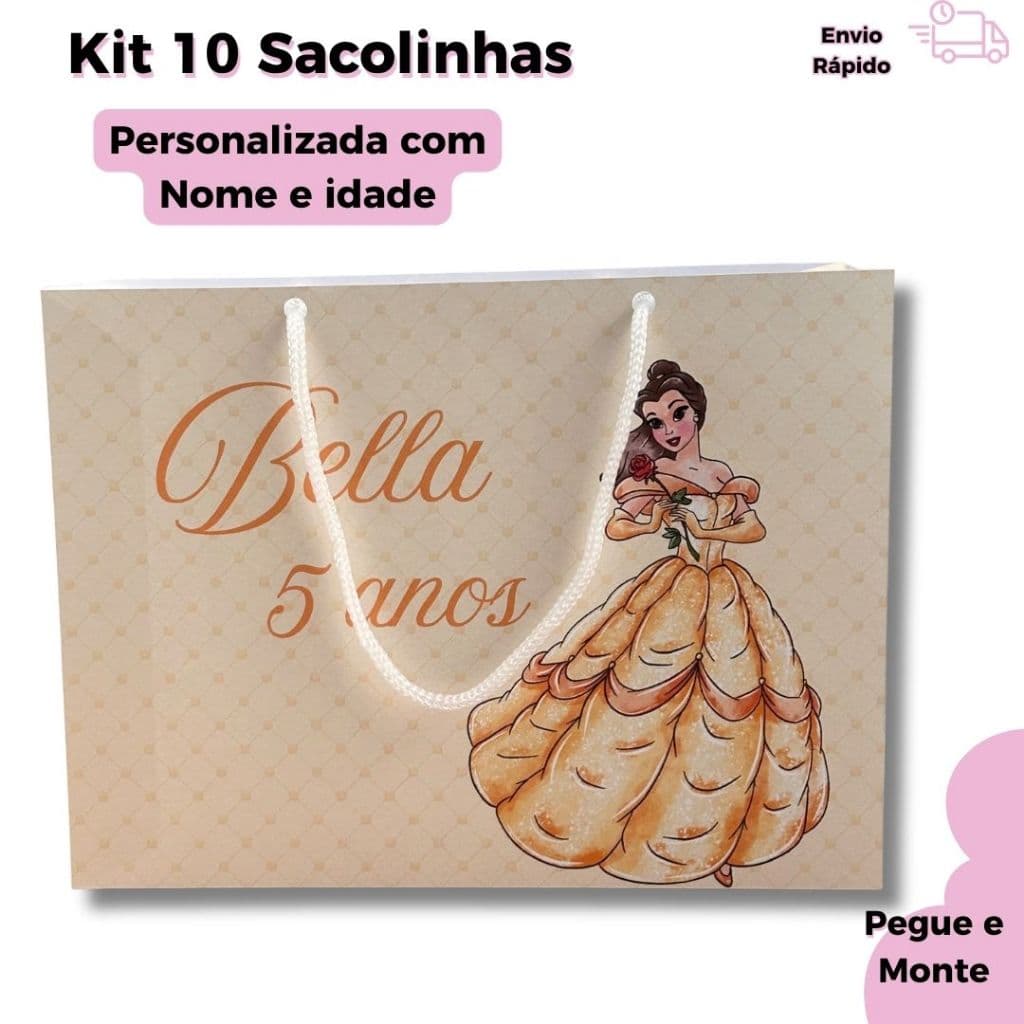 Kit Sacolinha Personalizada Bela e a Fera Lembrancinha Festa Infantil |Nome e Idade | Pegue e Monte