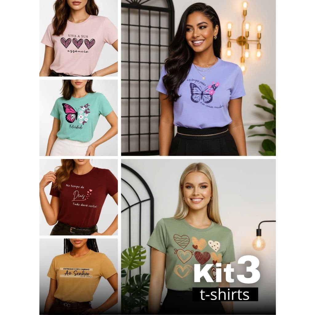 Kit 3 Blusas Femininas Camiseta 100% Algodão Malha Premium 100% Algodão Prmium
