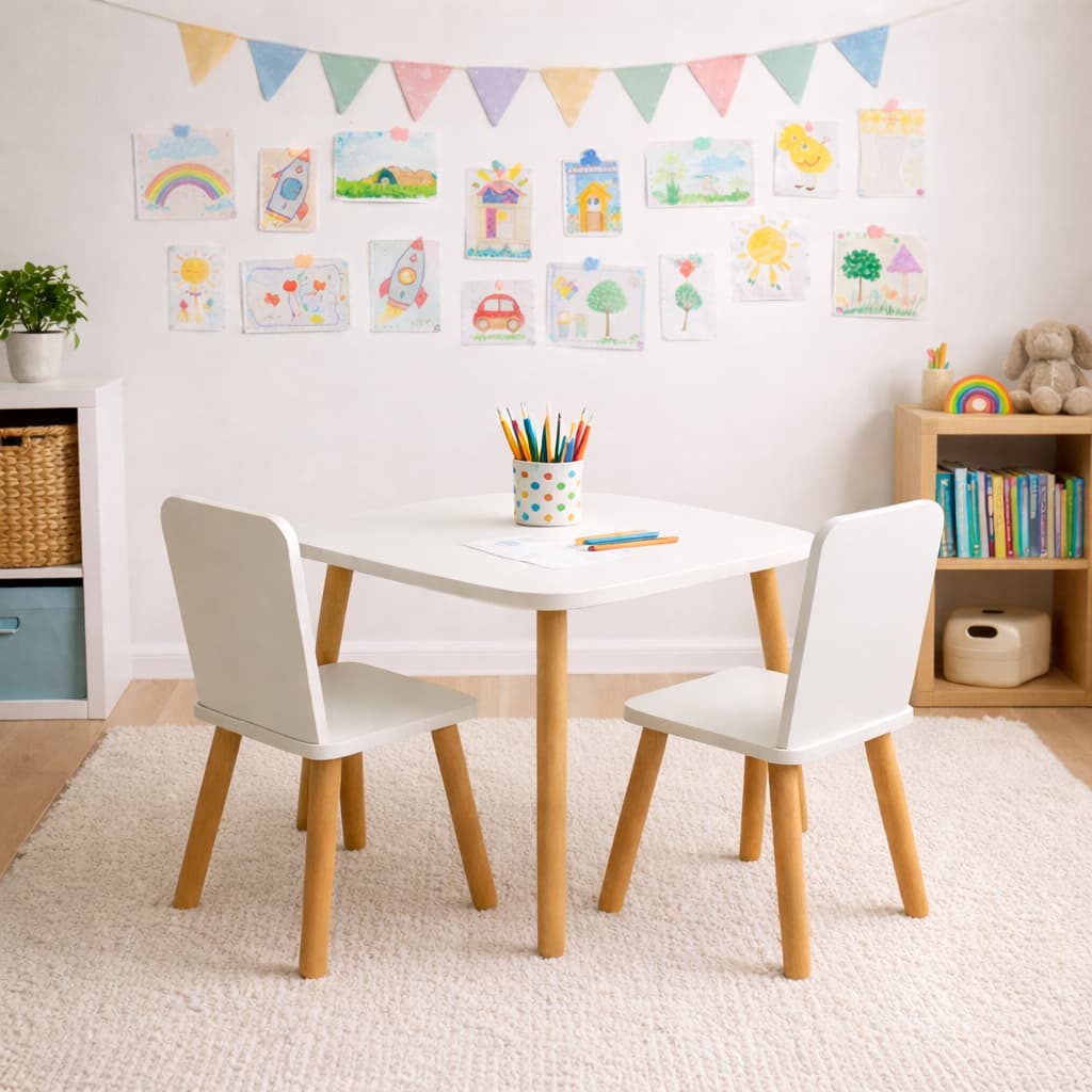Kit Mesa Infantil 60cm MDF + 2 Cadeiras Branca Kids Estudo Desenho Escolar