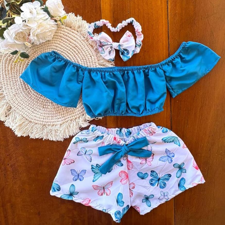 Conjunto completo de Short, Blusa e Tiara Infantil feminina - Roupa de Menina - (1 a 2 anos)