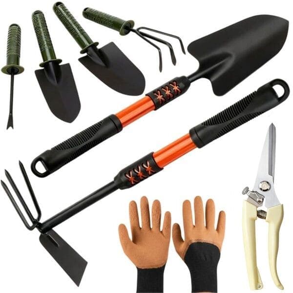 Kit Jardinagem Completo Com Enxadinha Grande, Pá Grande e Média, Par de Luvas, Alicate Tesoura de Poda, Ancinho