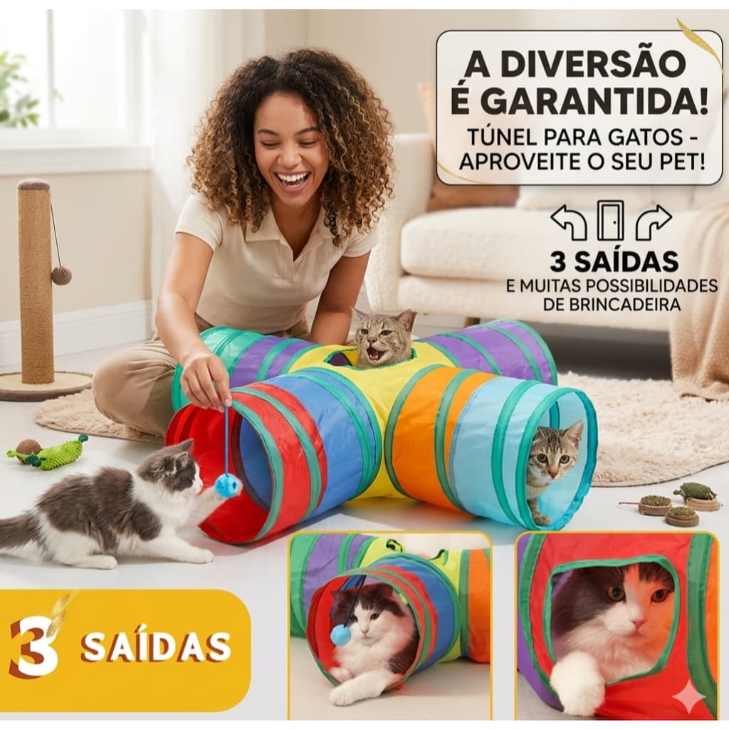 Túnel Colorido para Gatos/cachorro em T- Brinquedo para Pets- Dobrável-Labirinto-Tocas-3 Saídas