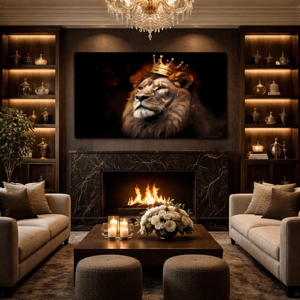 Quadro Decorativo Leão Majestoso Imponente Com Coroa Dourada Arte Moderna Horizontal 110x70