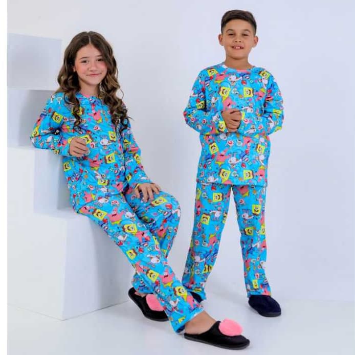 Pijama Infantil Personagens Bob Esponja Conjunto Longo Menino e Menina Confortável Estampado Colorido