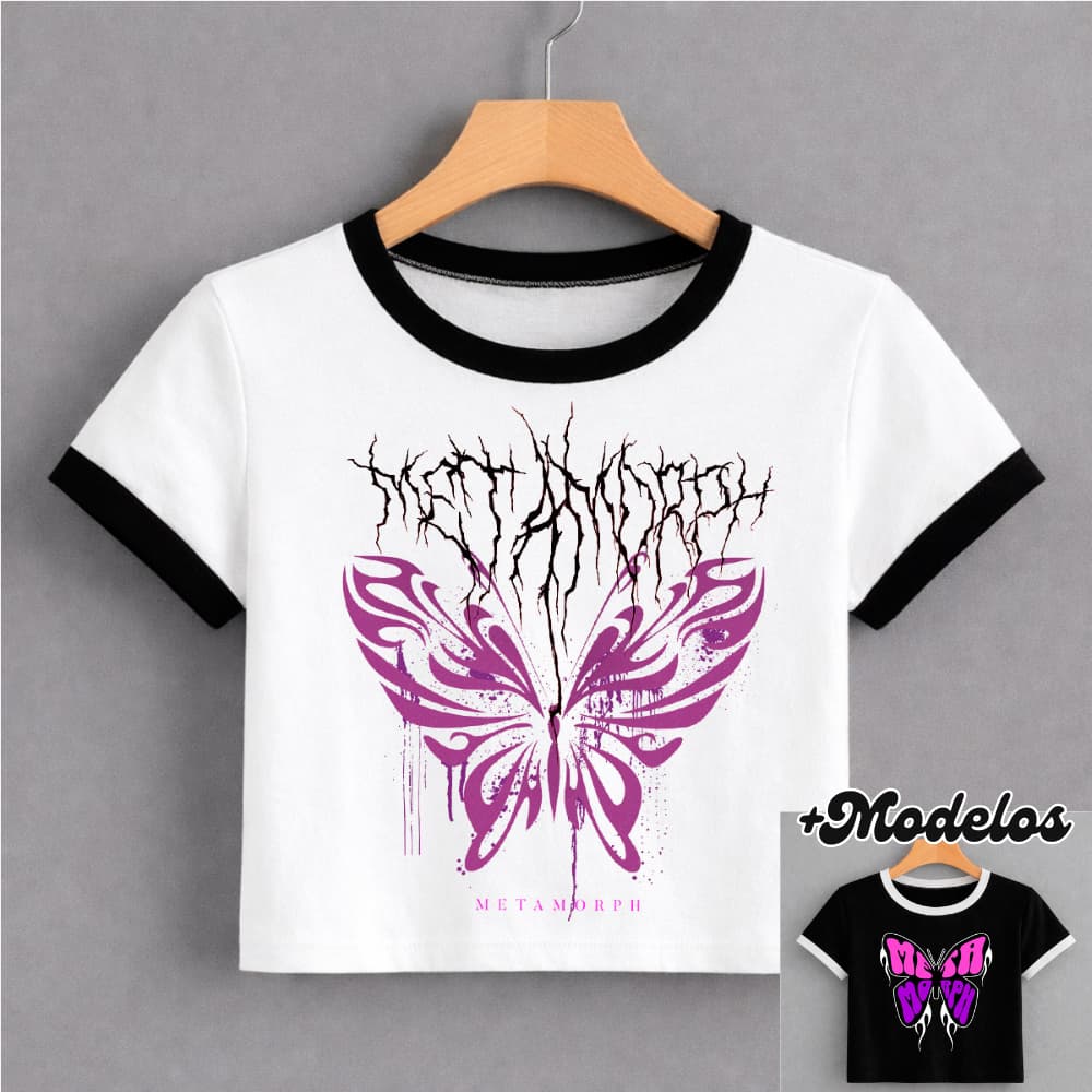 BABY TEE Feminina, Modelo BORBOLETA, Cropped Camiseta - Estilo Alternativa Y2K Blogueira Streetwear Tumblr