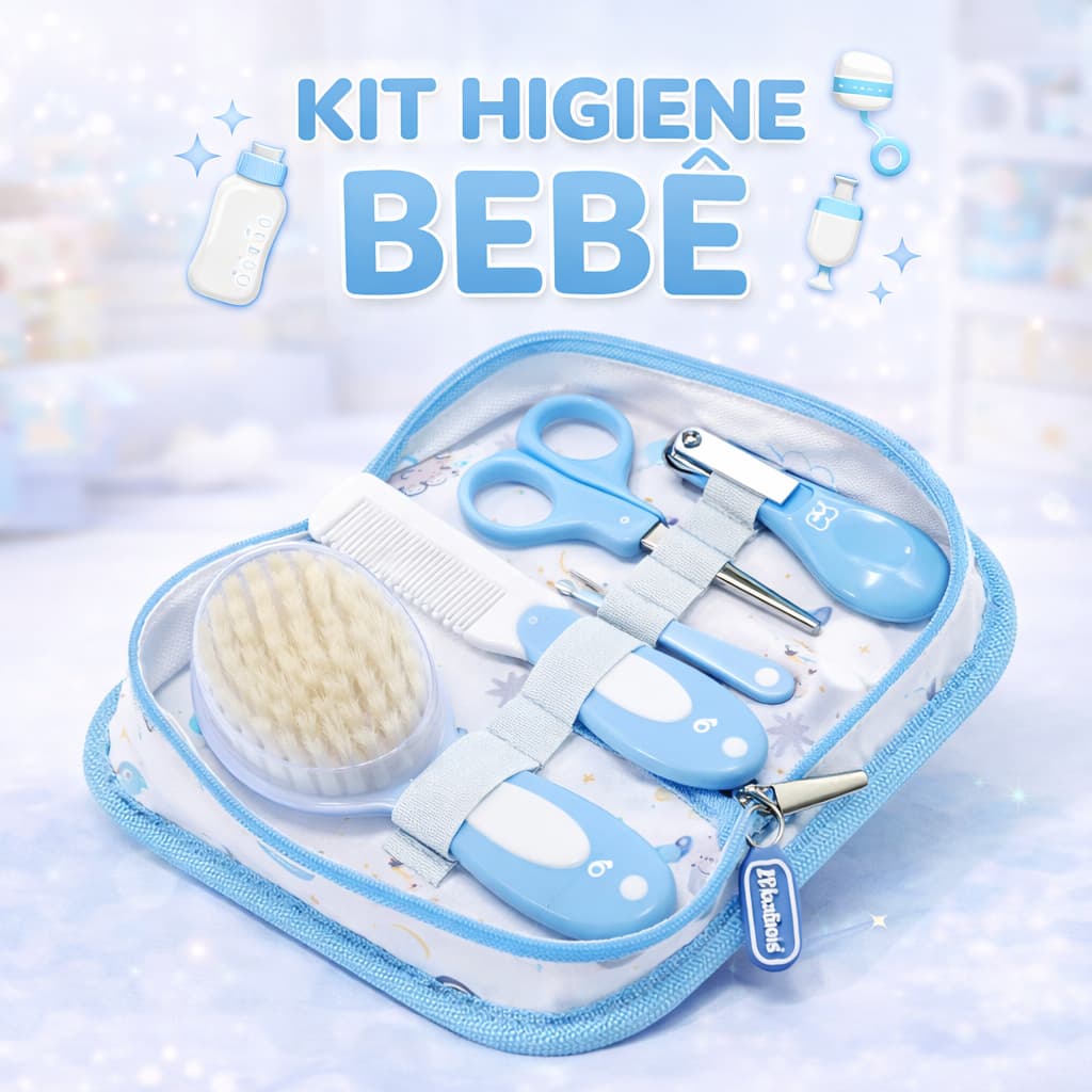 Kit Higiene Bebê Recém Nascido 7 Peças Com Estojo Cortador De Unha Tesoura Escova E Pente Ligeiro