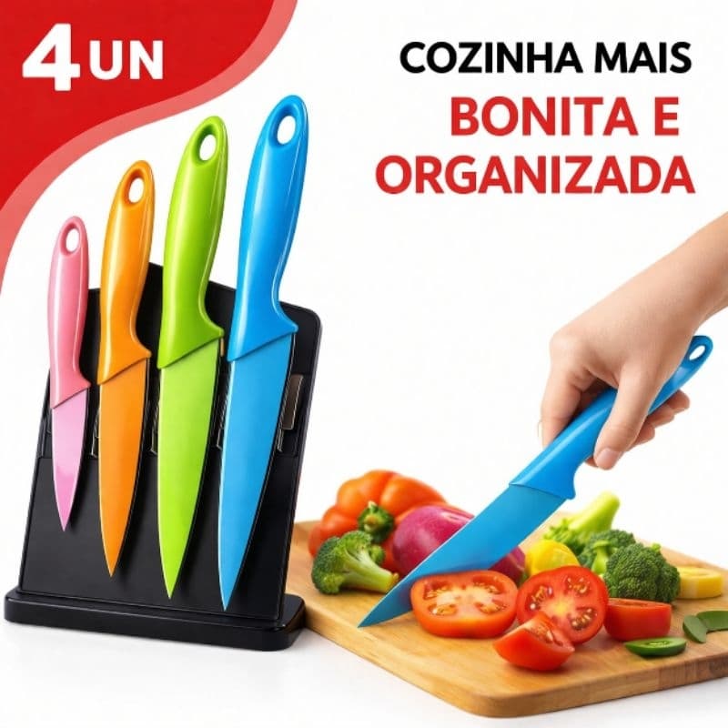 Kit Facas Aço Inox 4 Peças Coloridas Cozinha 3,5” a 6”