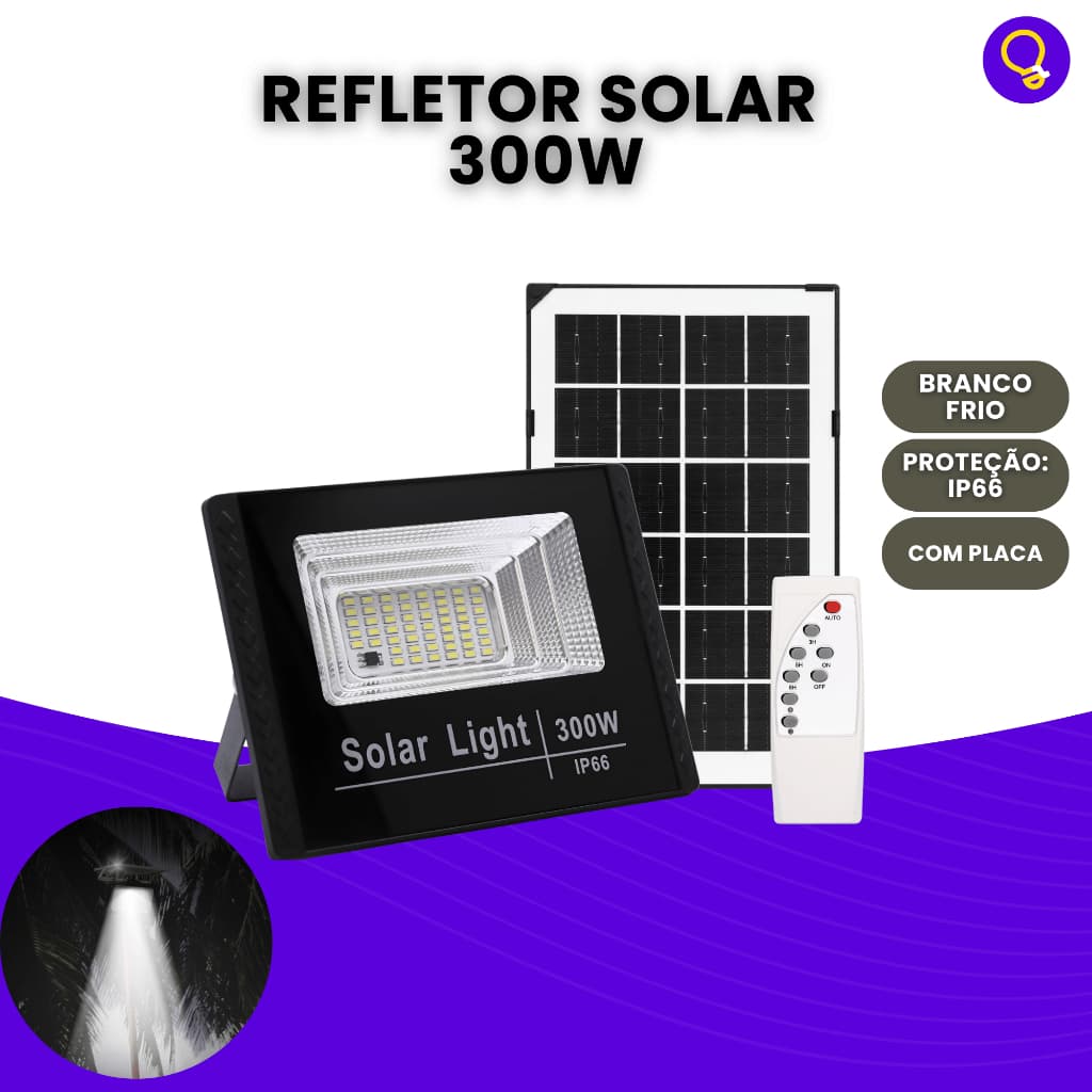 Refletor Solar 300w Led Holofote Placa Bateria Prova D'água Preto Luz Branco Frio