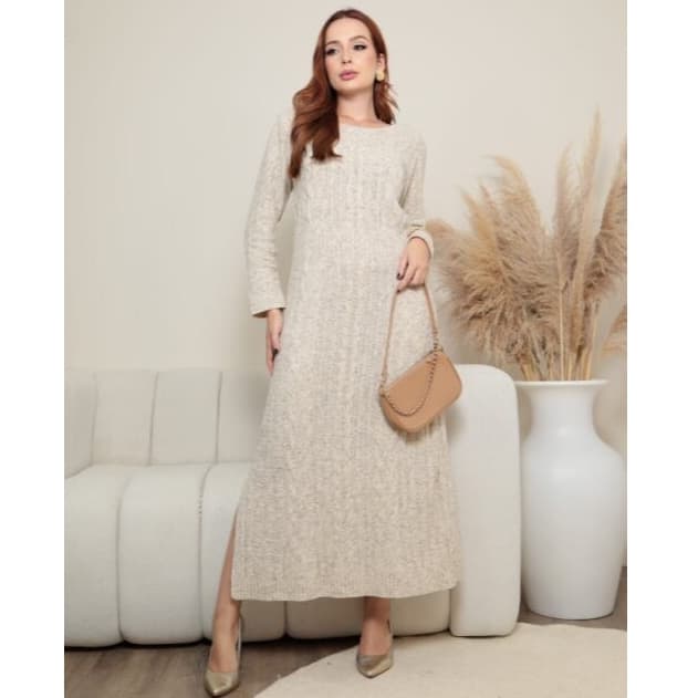 Vestido Longo Feminino De Tricot Mousse Acrilico  Manga Comprida Trançado com Fenda Elegante