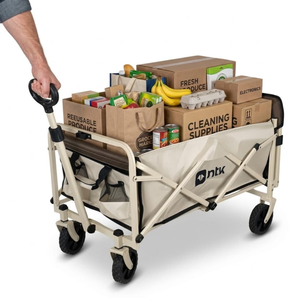 Carrinho Dobrável Portátil 80kg Para Compras Mercado Praia Camping Facil Transporte Compacto Bege