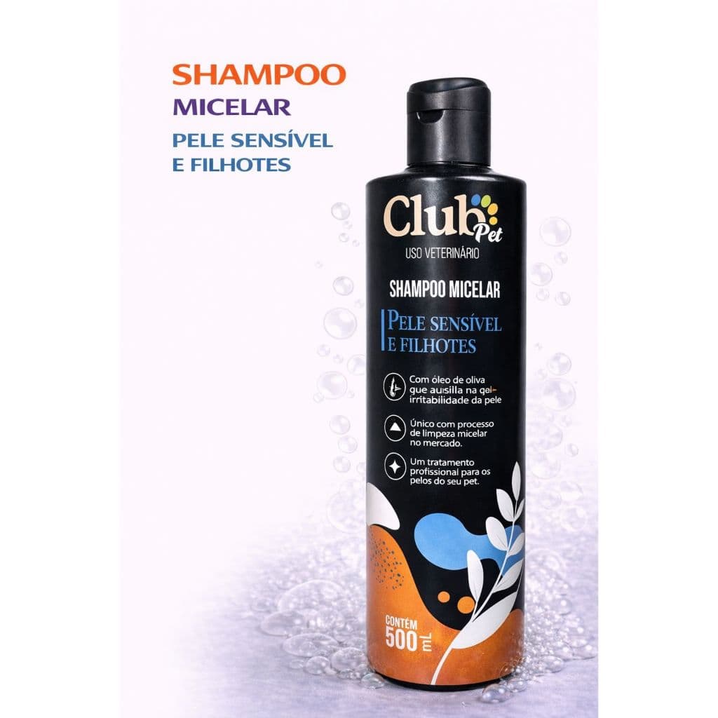 Shampoo Micelar Pele Sensível e Filhotes Pet Cães e Gatos Hidratação Suave 500ml Club Pet