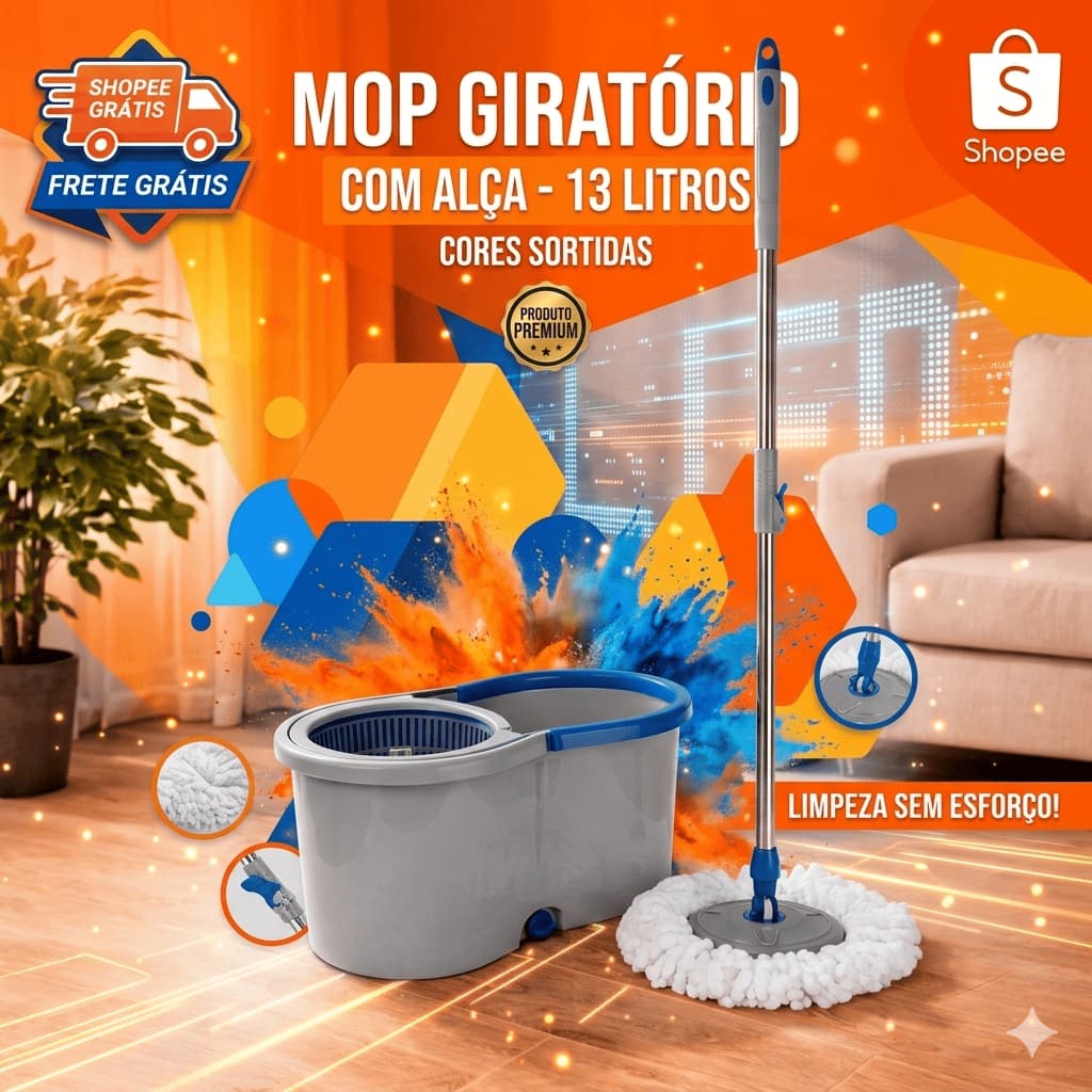 Mop Giratorio Balde 13 Litros Facil Limpeza Pisos Alca Resistente