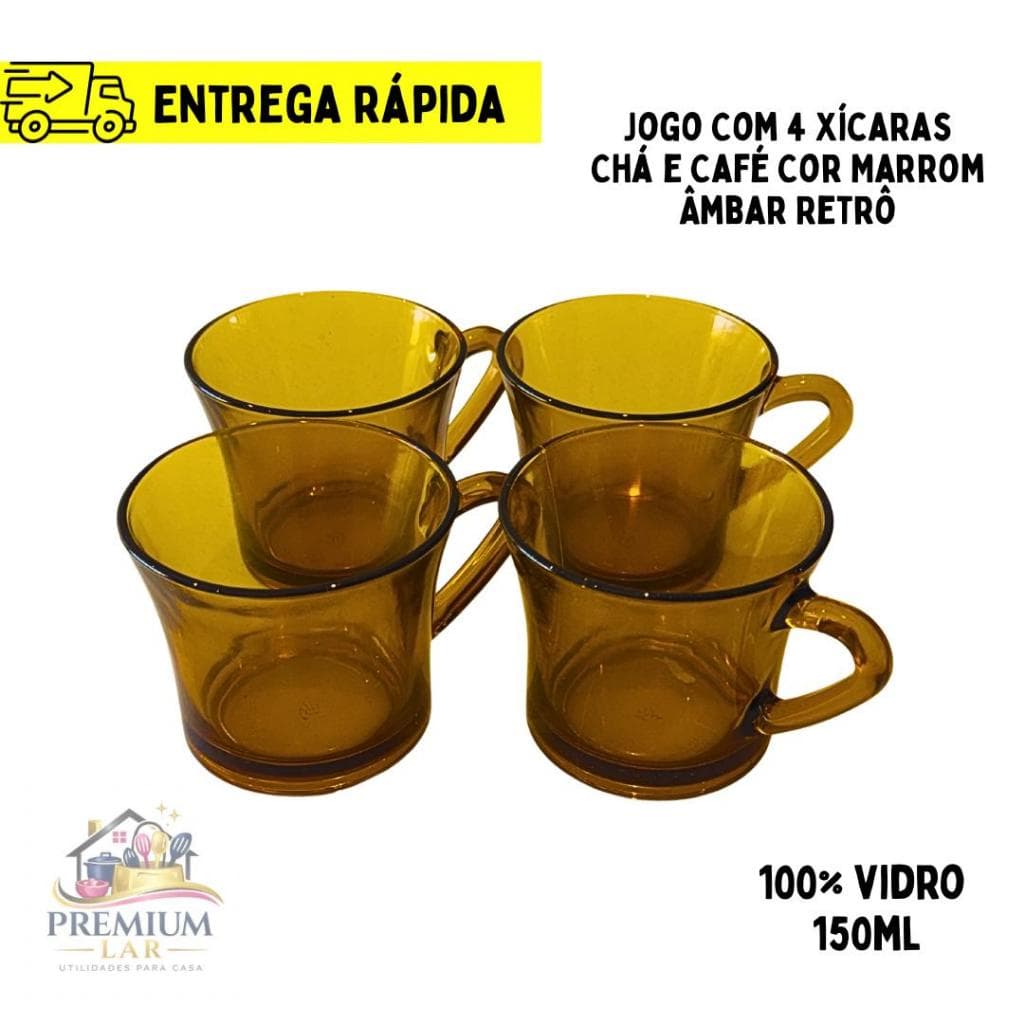 Jogo Com 4 Xícaras Chá e Café Cor Marrom Âmbar Retro Sino 150ml