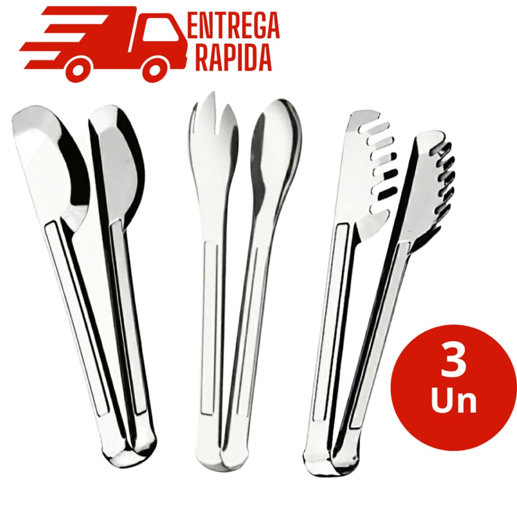 Kit 3 Pegador Universal  Saladas Massa Aço Inox 20cm Profissional Carne, Frios Utensílios de Cozinha