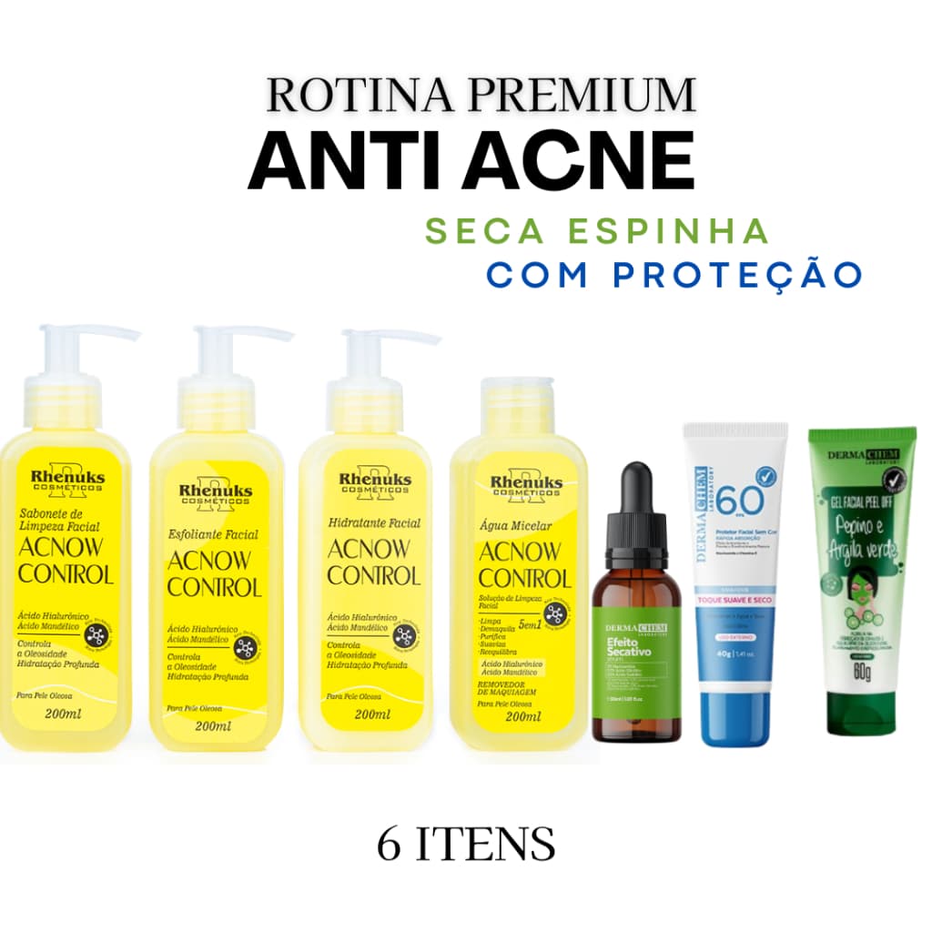 Kit Skincare Anti Acne Rhenuks + Sérum Secativo + Máscara Argila e Pepino + Protetor Solar SEM COR Dermachem