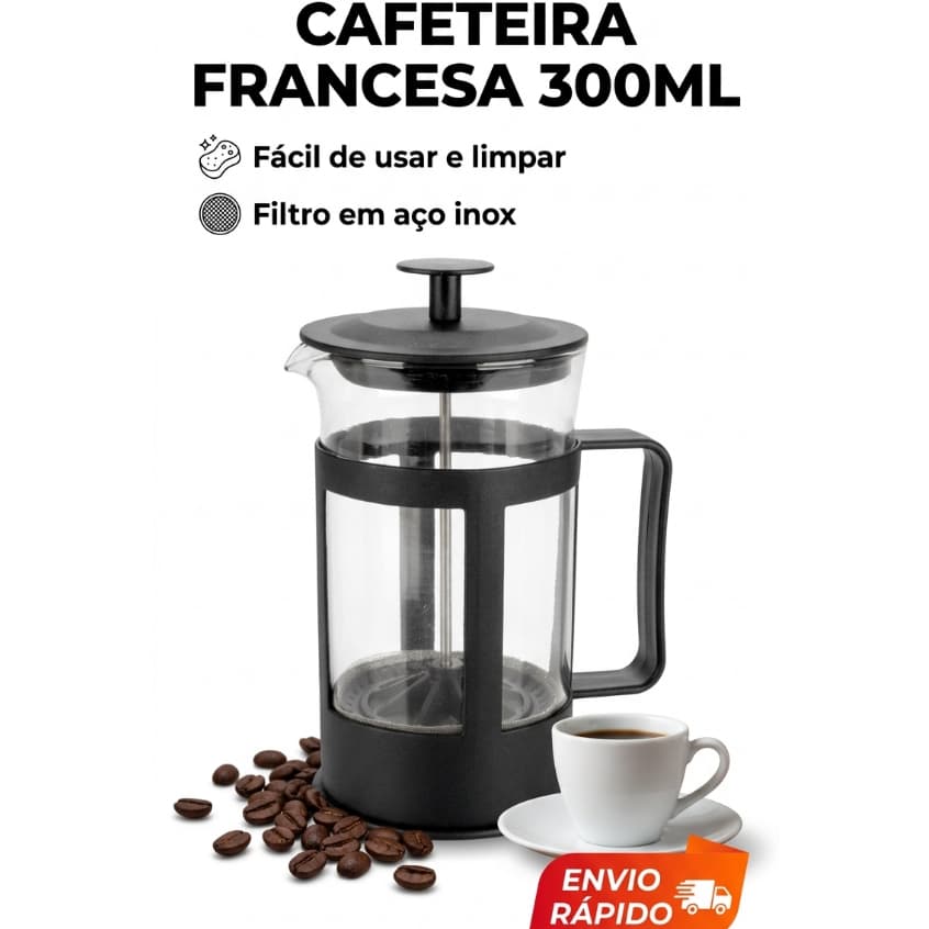 Cafeteira Francesa 300ml Prensa Francesa Café Manual Vidro Filtro Inox Portátil Fácil Limpar Café