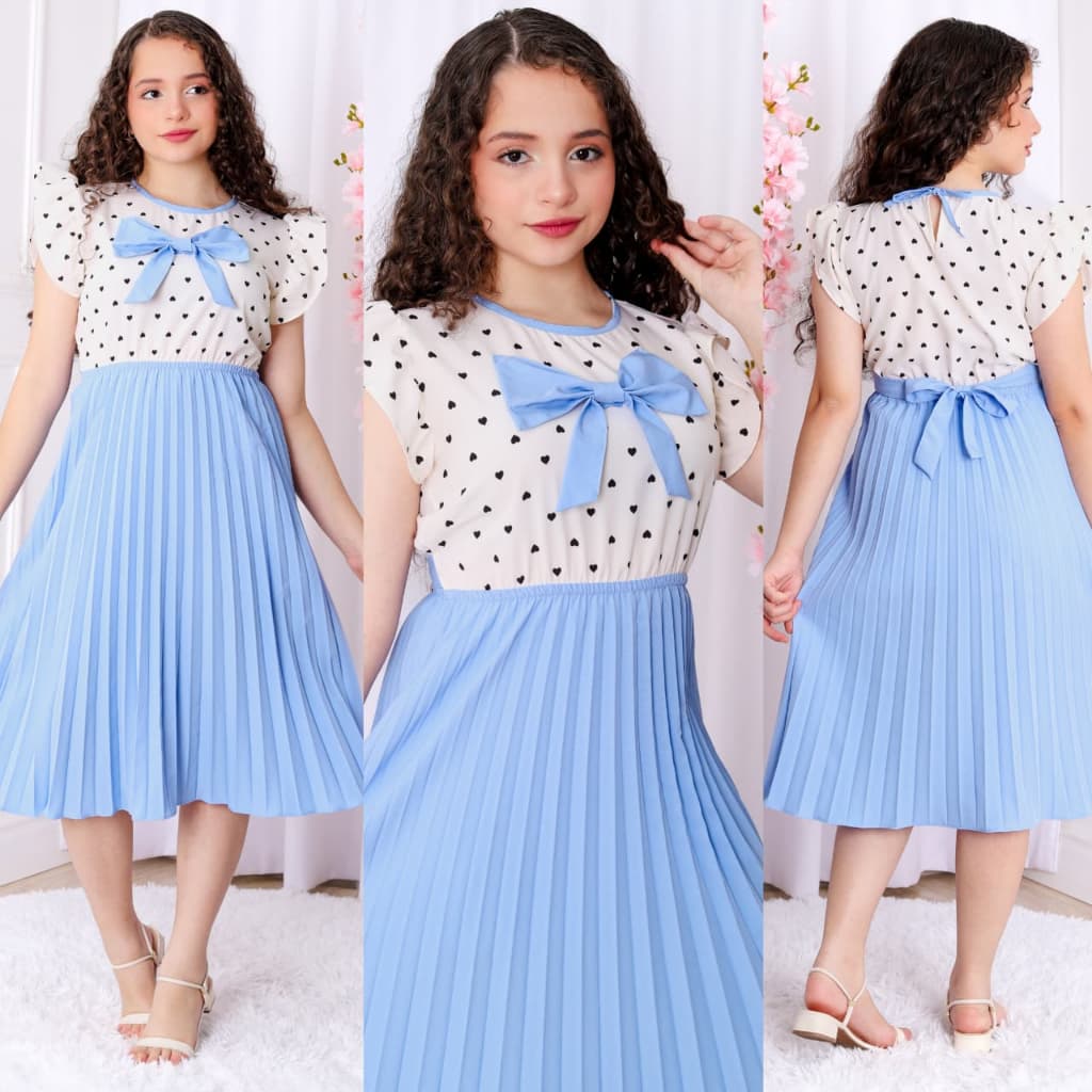 Vestido infantil juvenil elegante saia plisada corpo estampada Elástico na cintura e lazo