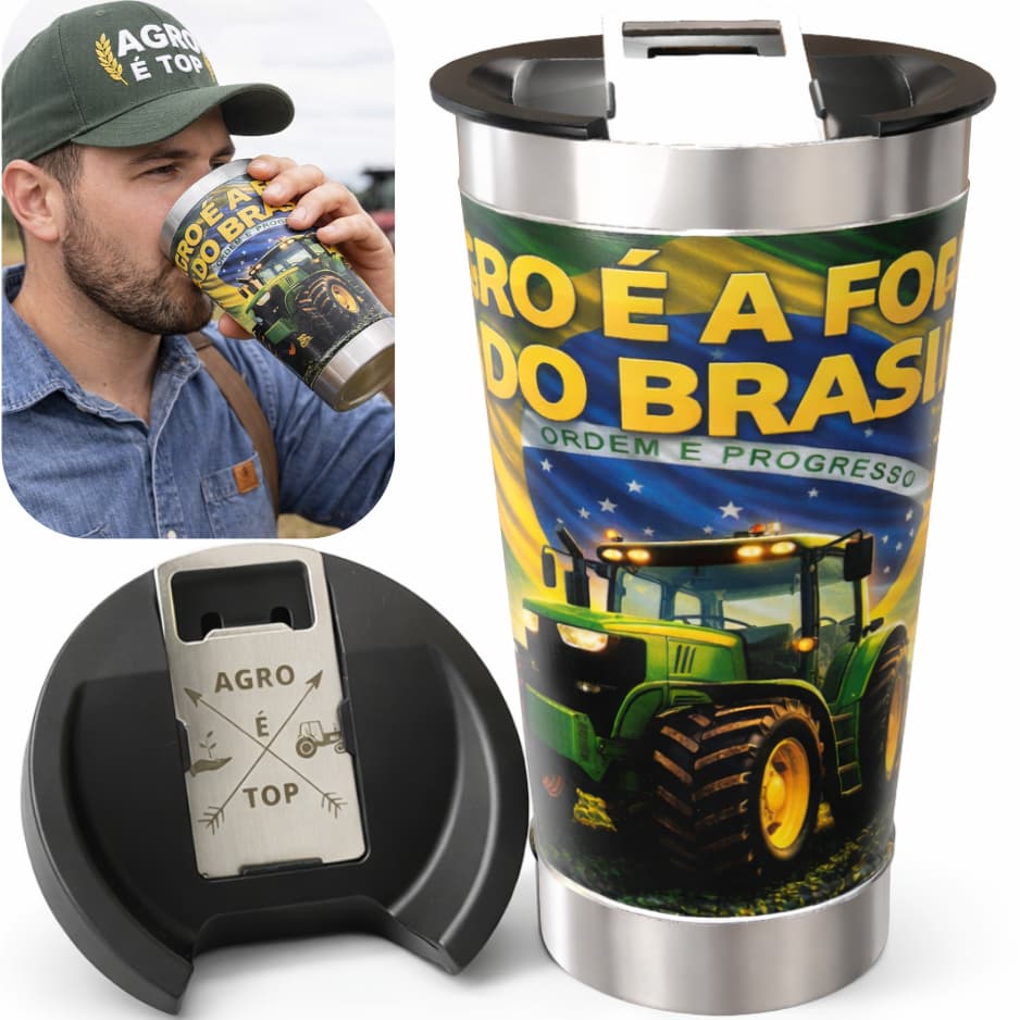 Copo Térmico Agro 500ml Inox Tema Agro é a Força do Brasil Cerveja Gelado Gravação UV 360 Premium