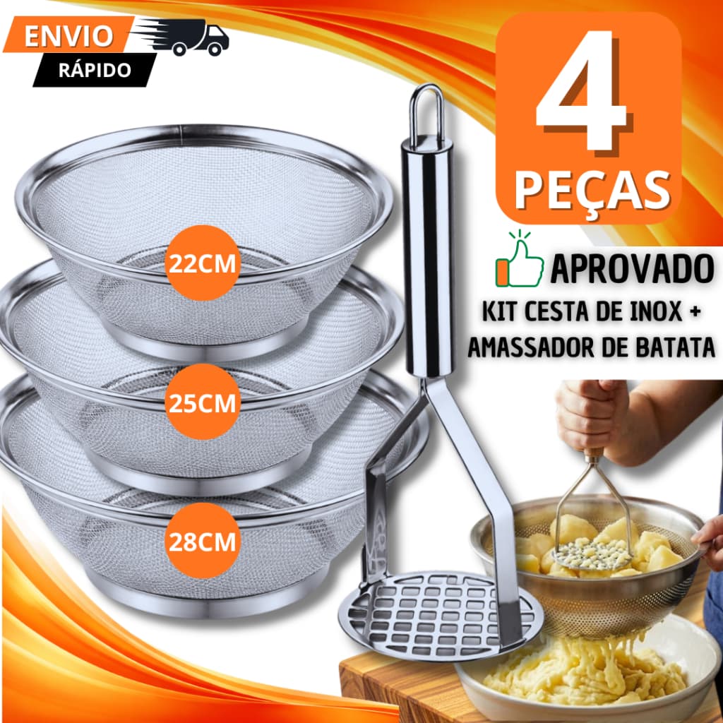 Conjunto 4 Peças Escorredor Aço Inox Multiuso De Macarrão Alimentos Cesta Para Frutas