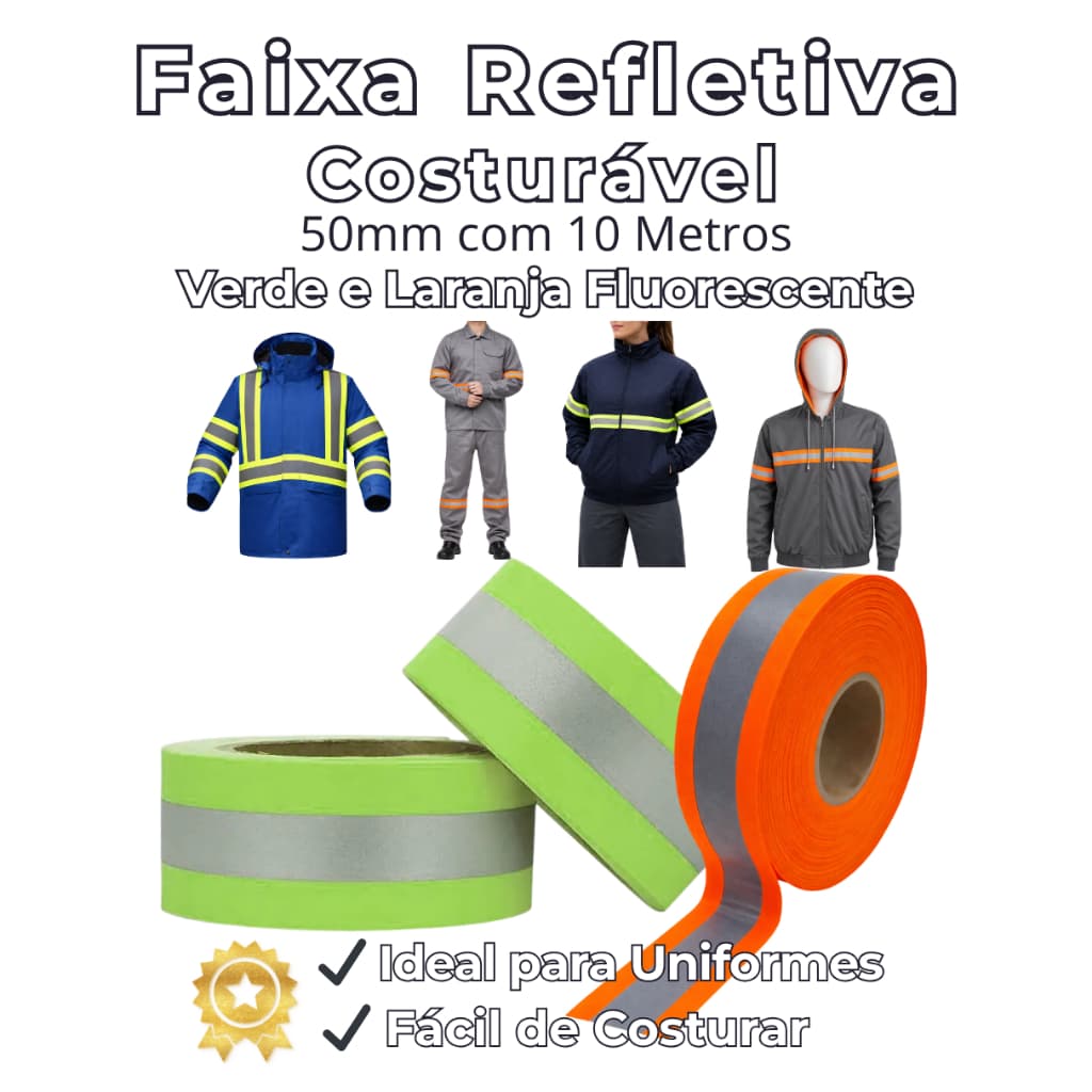Fita Faixa Refletiva Costurável 50mm 10 Metros Verde e Laranja para Uniforme, Conserto e Costura