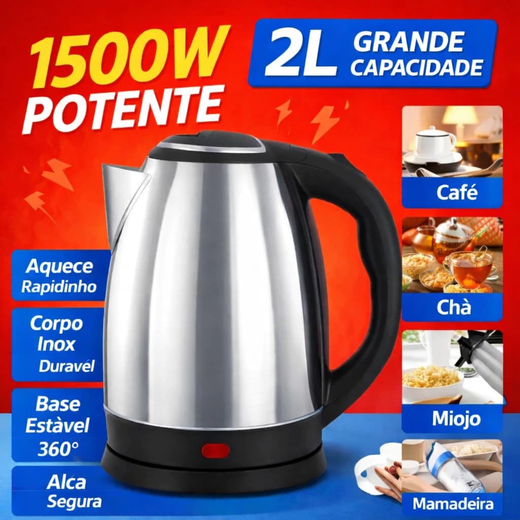 Chaleira Elétrica Inox 2L 220V para Café Chá e Leite Potente e Segura Aquecimento Rápido