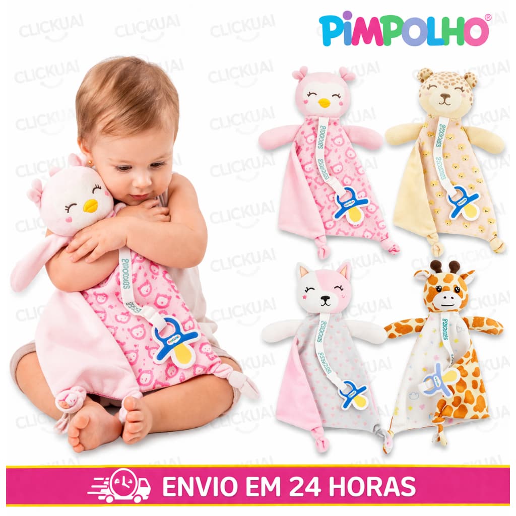 Naninha para bebê com prendedor de chupeta em Plush Macio com Forro Estampado Pimpolho