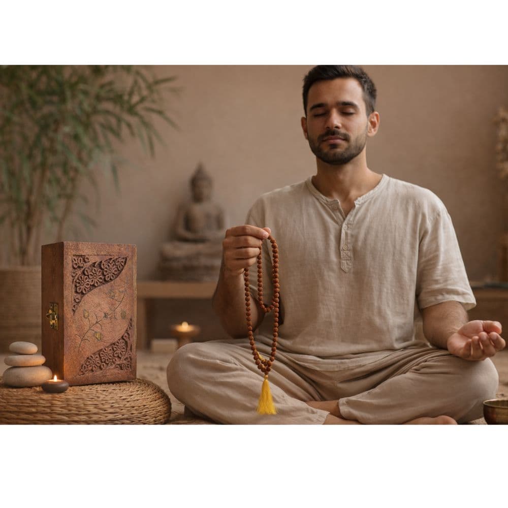 Japa  Mala de 108 Contas de Rudraksha + Caxinha de Cortesia
