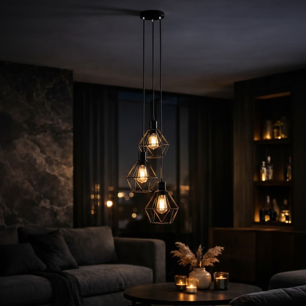 Lustre Luminária Pendente Aramado Luxo Base Tripla Cupúla Diamante Aramado