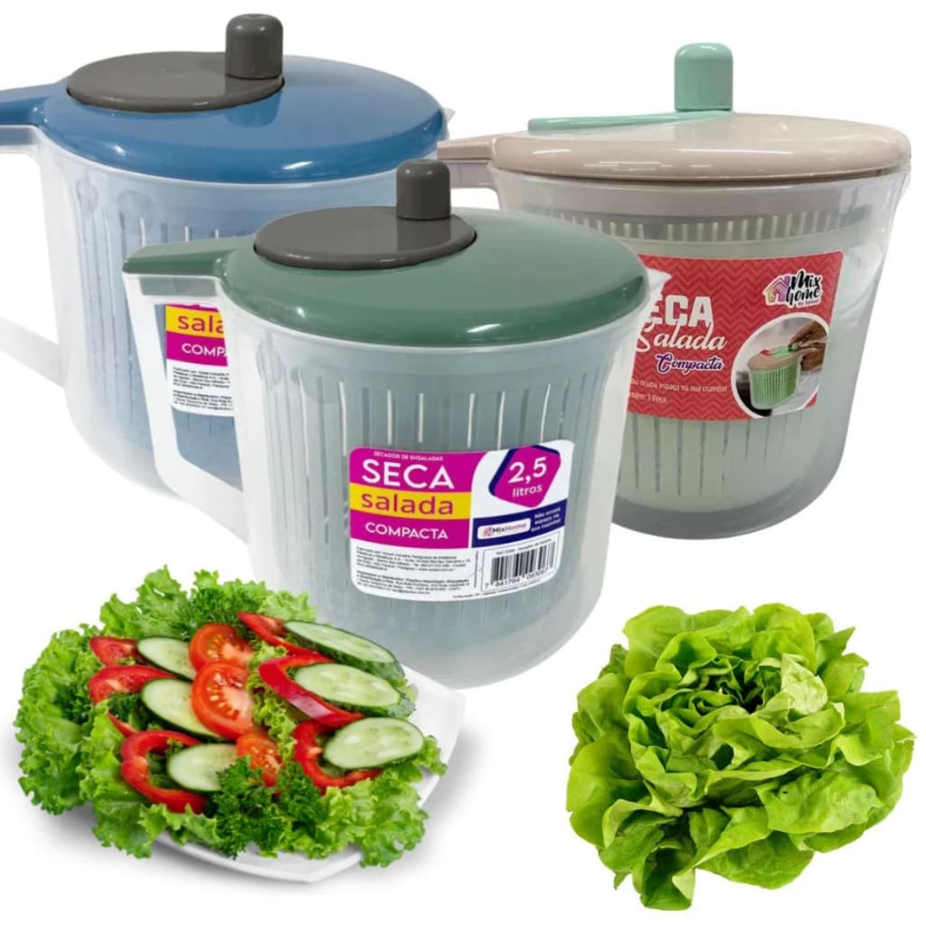 Seca Salada Xplast 2 Em 1 Com 2,5L Centrífuga Manual Escorredor de Folhas e Verduras Vida Saudavel