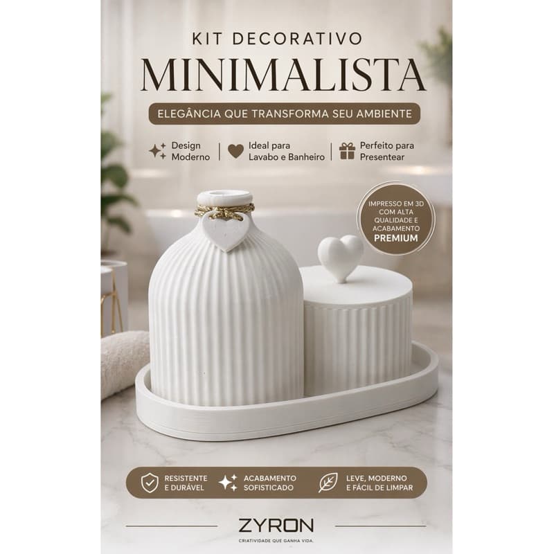 Kit Decorativo Minimalista Vaso + Bandeja 3D Lavabo Banheiro Moderno Branco