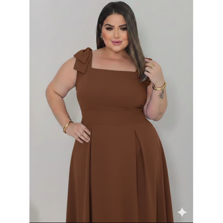 Vestido Mídi Plus Size Feminino Com detalhe No Ombro Decote Quadrado Bojo embutido Elástico Nas COSTAS tecido DUNA LINH0