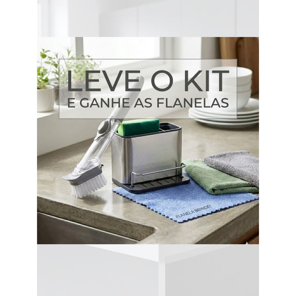 ✨Kit Dispenser Acessorios Cozinha Suporte Esponja Porta Detergente Inox Resistente + Esponja Magica