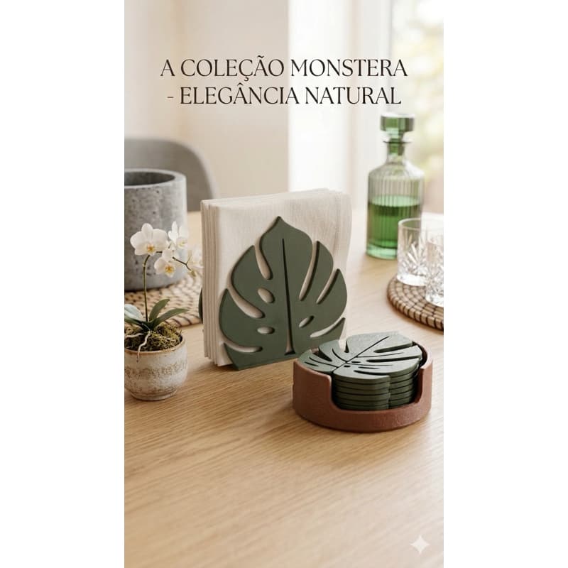 Kit porta guardanapo e porta copo Monstera decoração moderna e elegante