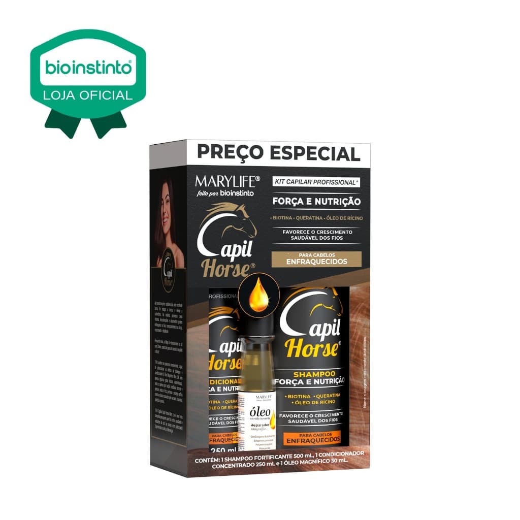01 Kit CAPIL HORSE 3 Itens Capilar Mary Life Hidratação Força Resistencia Linha Profissional
