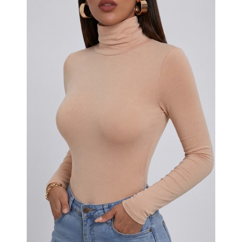 T-Shirt Blusa Feminina Manga Longa Gola Alta Cacharrel Moda Casual Versátil Algodão Tendencia