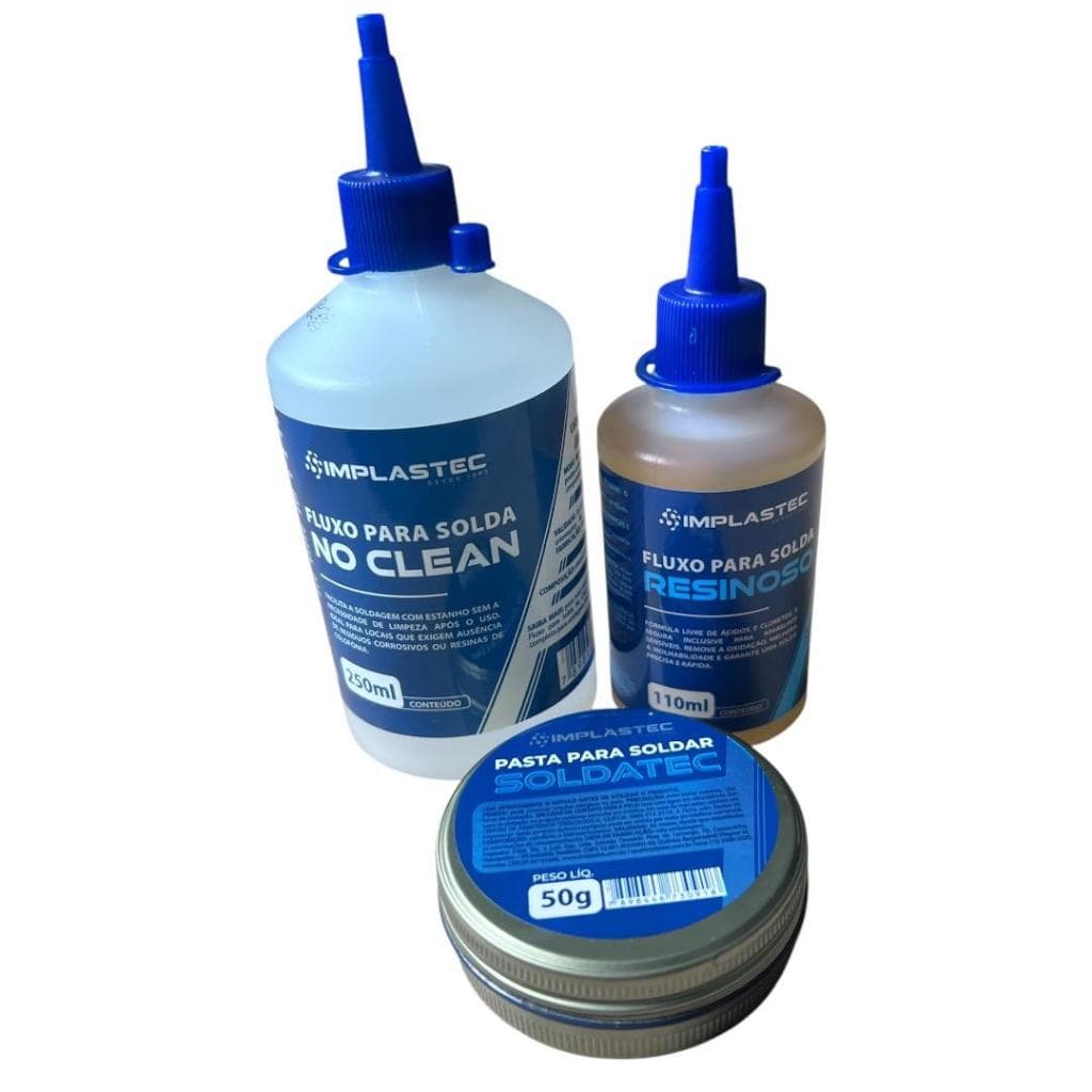 Kit Solda: Fluxo No Clean 250ml + Fluxo Liquido Resinoso 110ml + Pasta Soldatec 50g