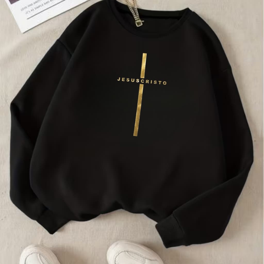 Moletom Masculino Moletom Feminino Blusa de Frio Casaco de Inverno Roupa Crist茫 Gospel Moletom gola redonda preto blus茫o