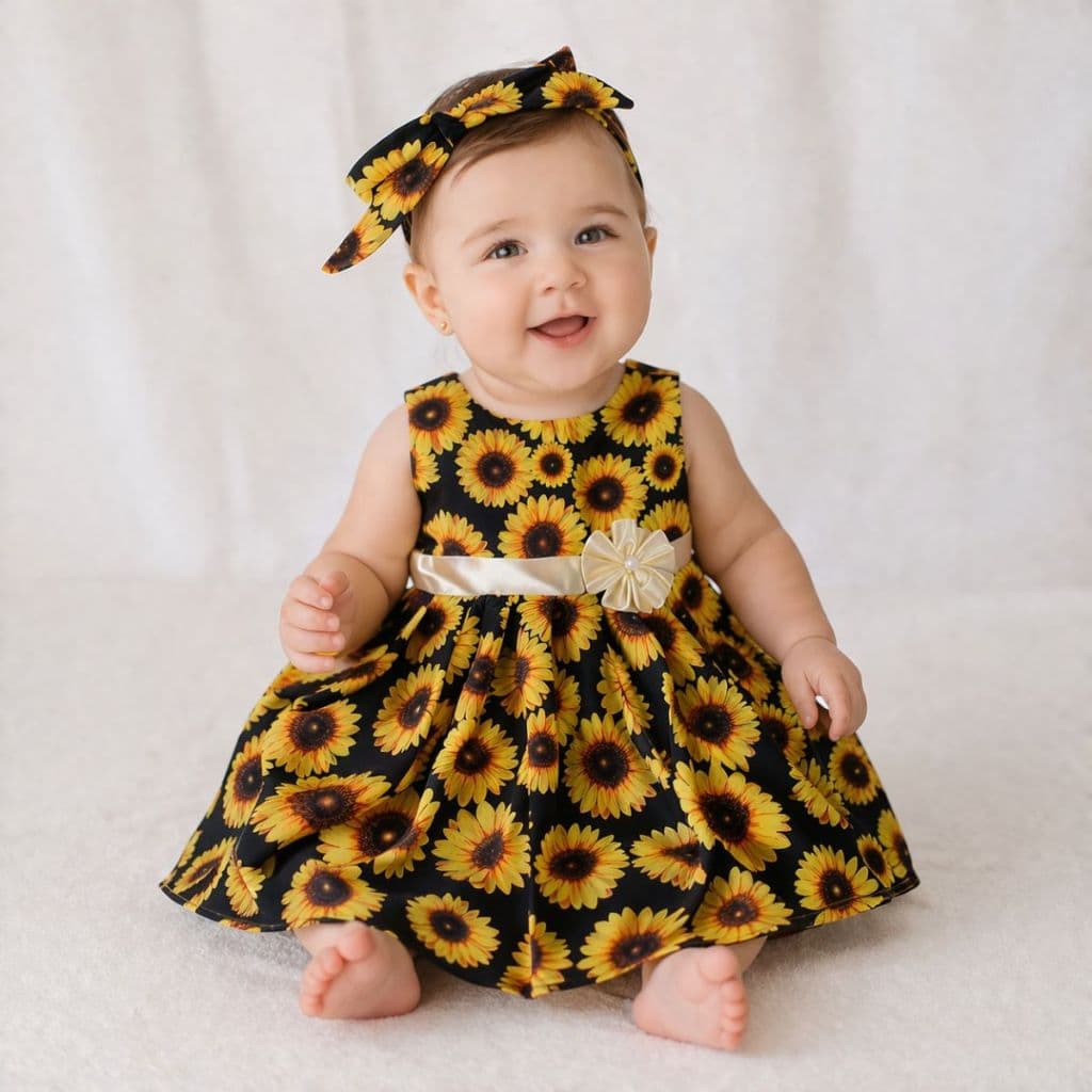 Vestido + Faixa Bebê Menina Girasol P aos 3 Anos - Tecido Micropercal  Confortaval Elegante