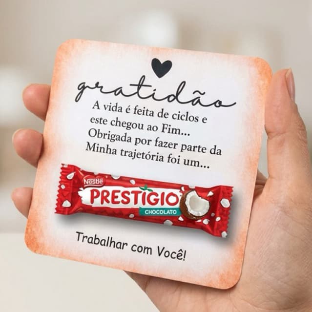 Kit 12 Cartões para Bombom Prestígio Personalizados Lembrancinha Gratidão Despedida Cliente( não acompanha chocolate)