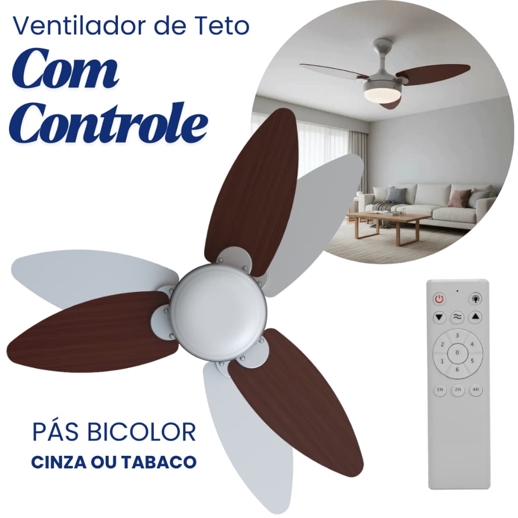 Ventilador de Teto Ventisol Elluz Inverter Bivolt Tabaco Cinza com Controle Remoto Lustre 2 Lâmpadas