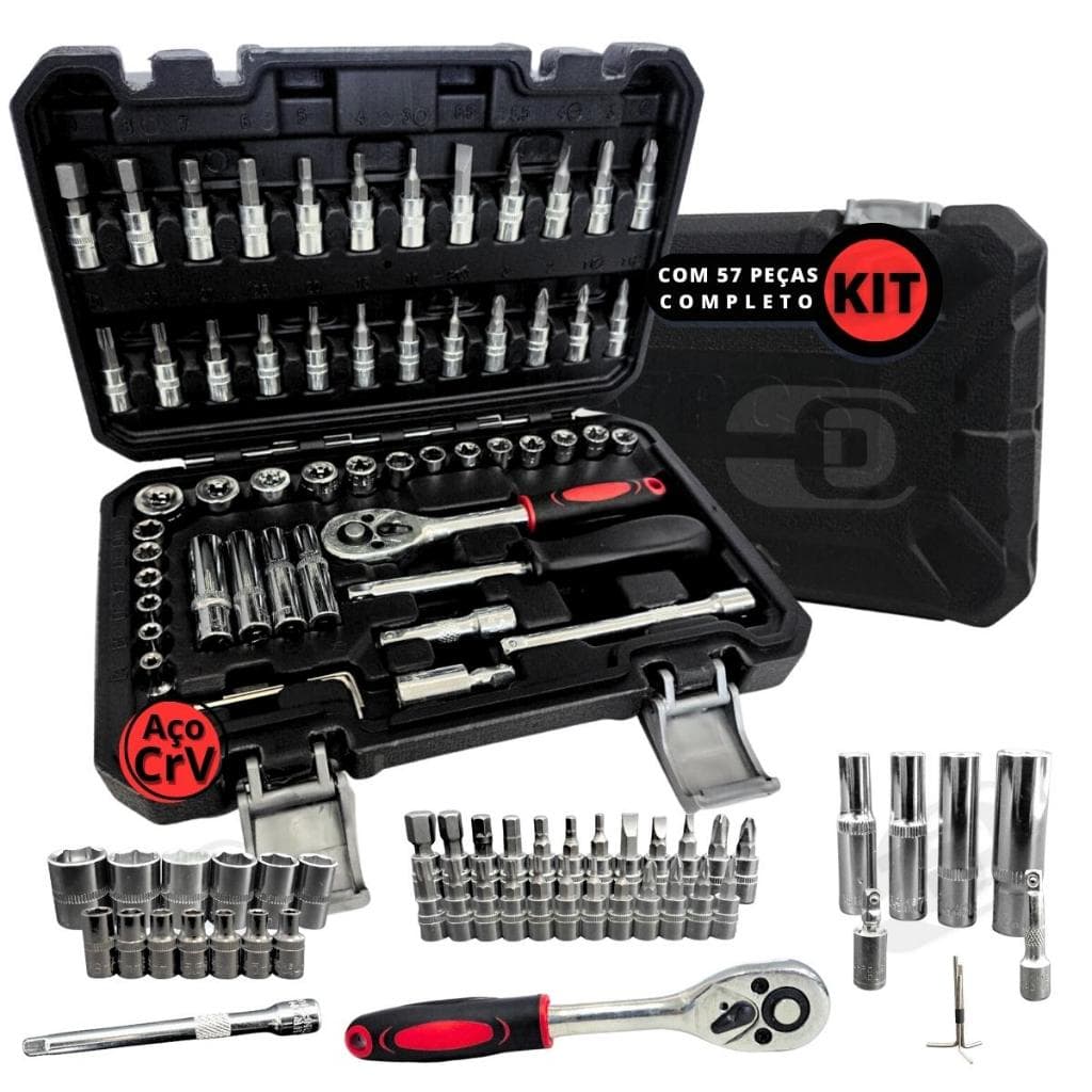 Jogo de Soquete Kit 57 Peças 1/4 Catraca Ferramentas e Maleta Reversível Aço Crv