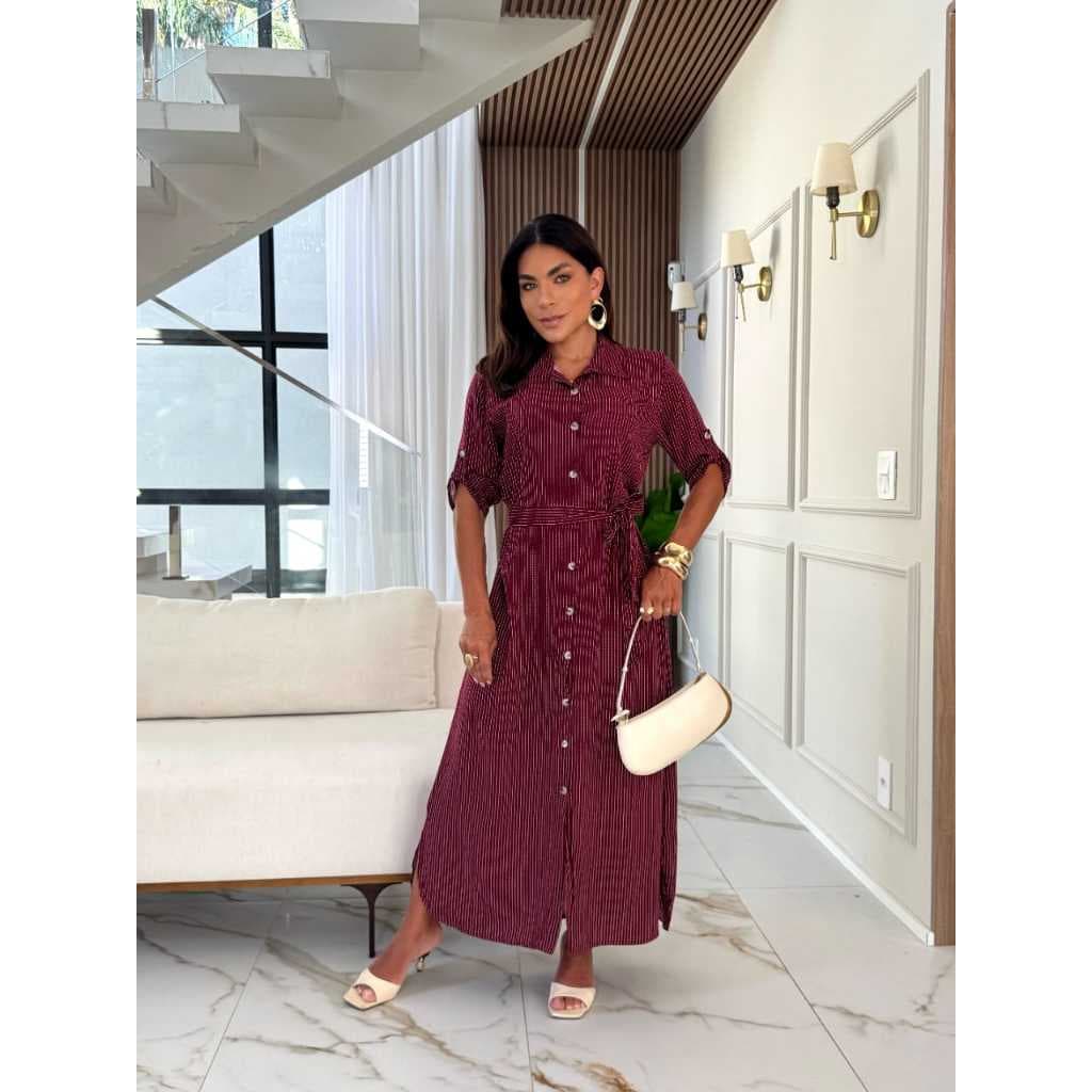 Vestido Longo Listrado Estilo Chamise Feminino Elegante Confortável Com Botões Cinto