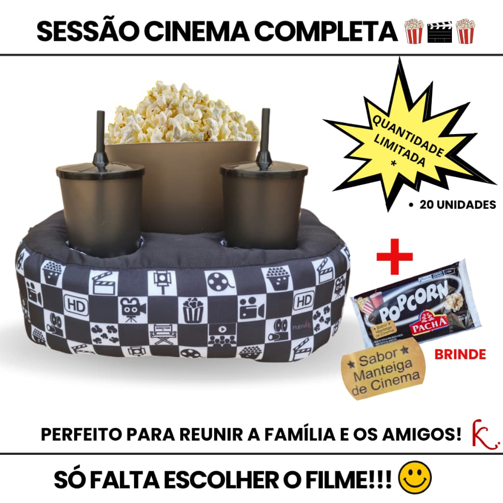 🍿Kit Pipoca Duplo HD-4K Mabruke – Presente Criativo para Namorados – Almofada Porta Copos + Balde Cinema em Casa