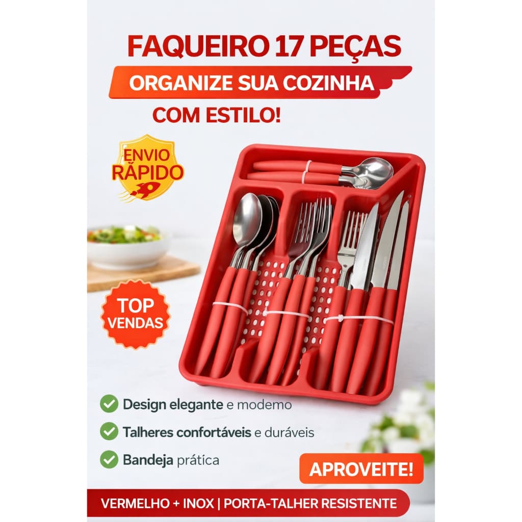 Faqueiro 17 Peças com Porta Talher Inox Premium Organizador Cozinha Luxo Resistente Top Vendas