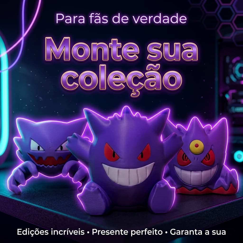 Conjunto Pokémon Fantasma Chibi – Gengar, Haunter e Mega Gengar | Decoração Colecionável