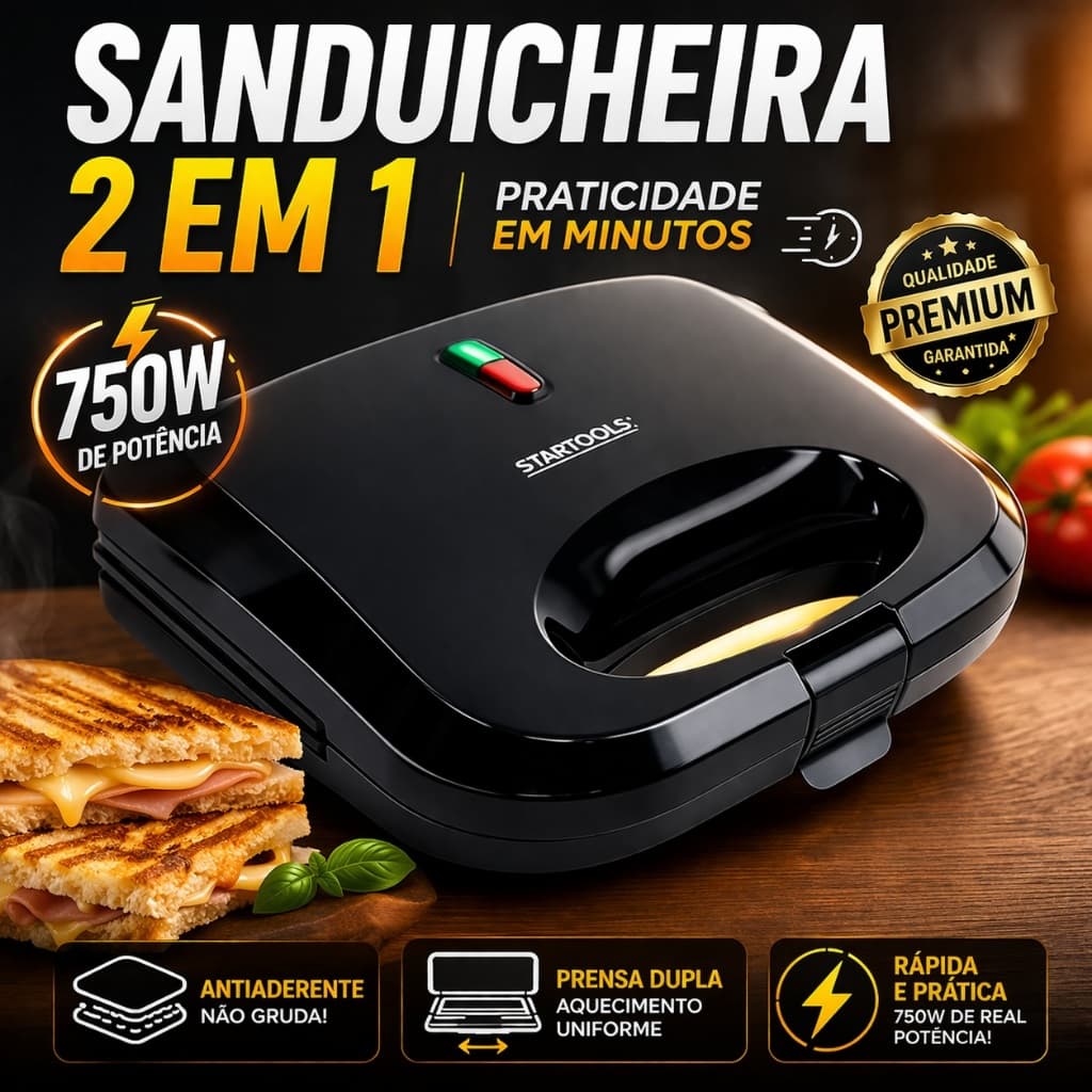 Sanduicheira Grill Elétrica 2 em 1 750W Antiaderente Prensa Dupla 127V/220V Rápida e Compacta