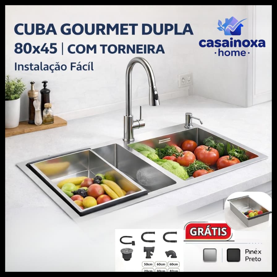 Cuba Gourmet Dupla Inox 304 para Cozinha com Torneira e Válvula 80x45 Luxo