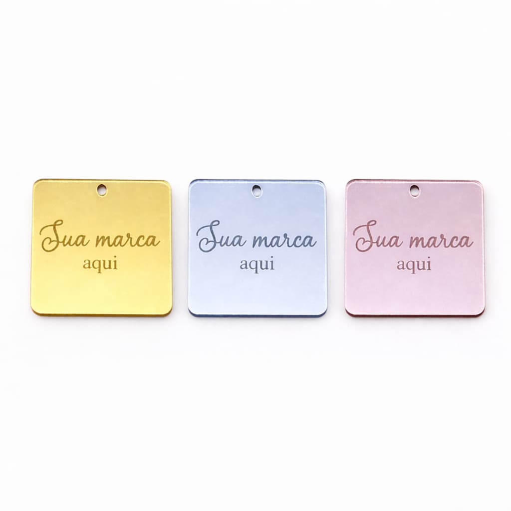 Tag Quadrada Personalizada em Acrílico Espelhada 3x3cm com Logo Furo/Sem Furo