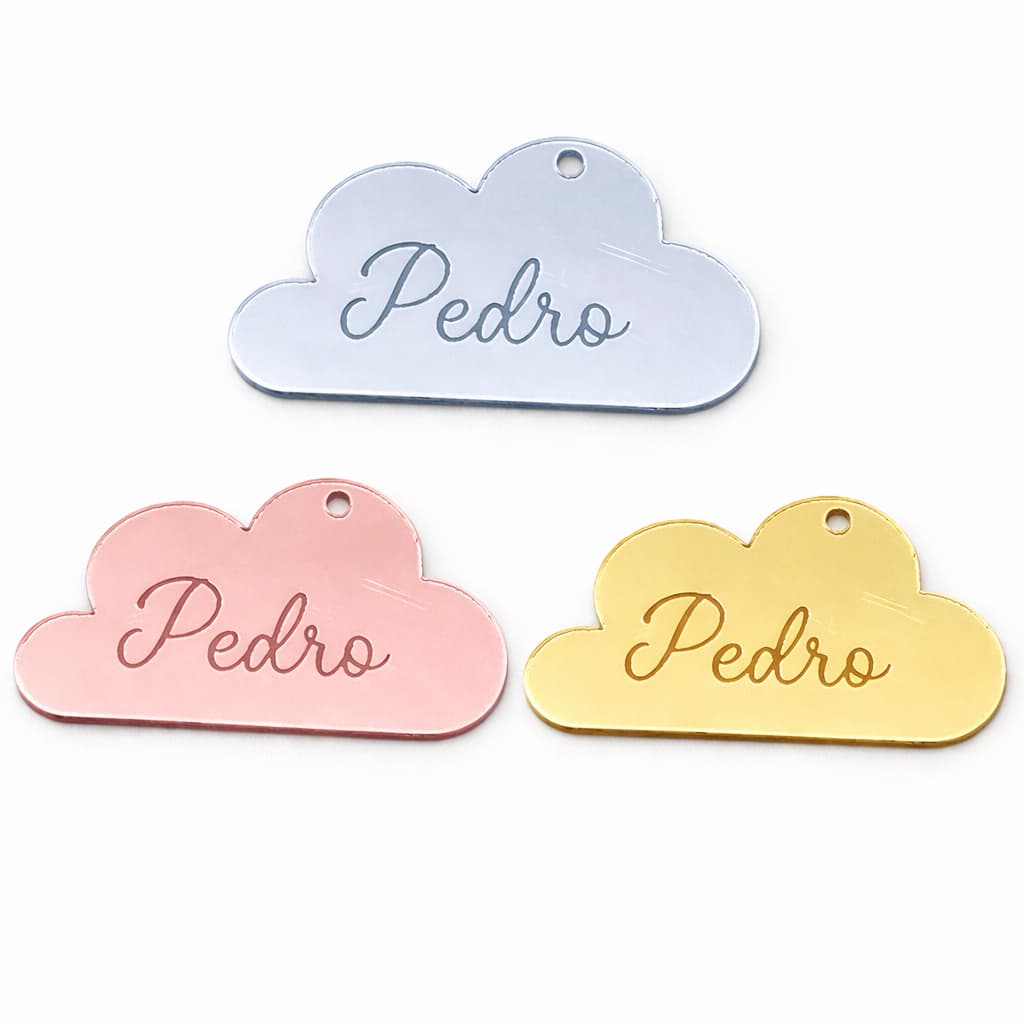 Tag Personalizada em Acrílico Espelhada Nuvem 4x2,2cm com Logo Furo/Sem Furo