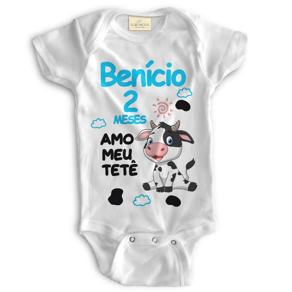 Body Bebê Personalizado Mesversário - Amo Meu Tetê Vaquinha - Poliéster + Elastano - Estica! 🐮🍼☁️